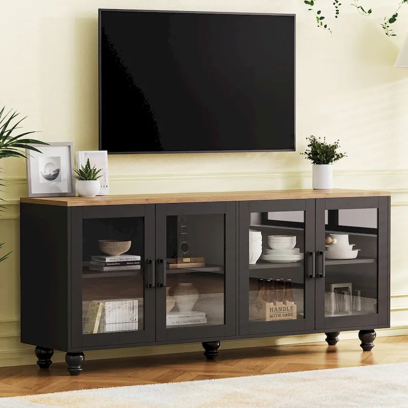 TV Stand for TVs Up to 70,Versatile Sideboard,Adjustable Shelves,Tempered Glass Doors,Buffet Cabinet with 5 Gourd-Shaped Legs