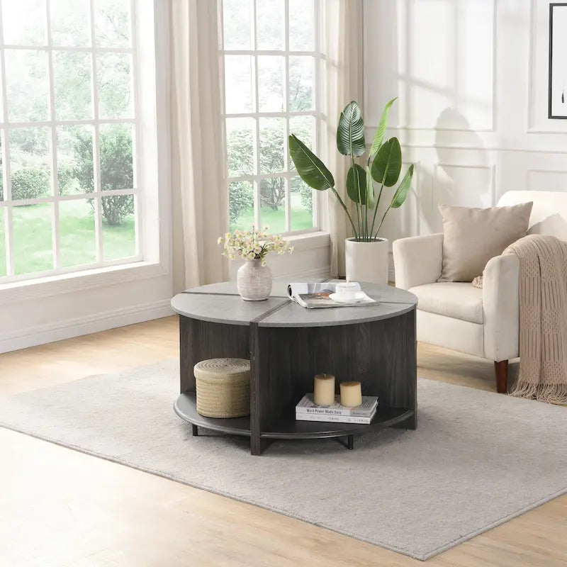 Mason Industrial Round Coffee Table – 2-Tier Storage, Geometric Design, 36.61" Diameter