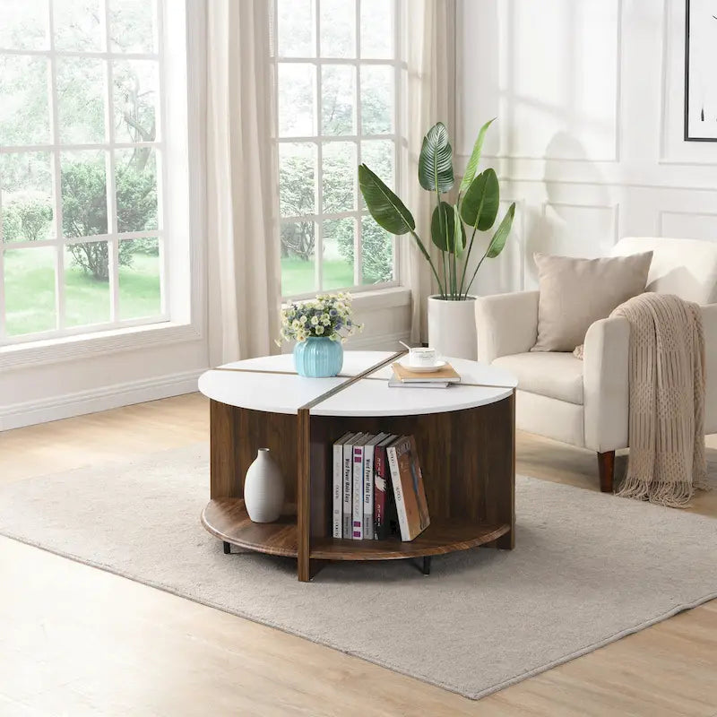 Mason Industrial Round Coffee Table – 2-Tier Storage, Geometric Design, 36.61" Diameter