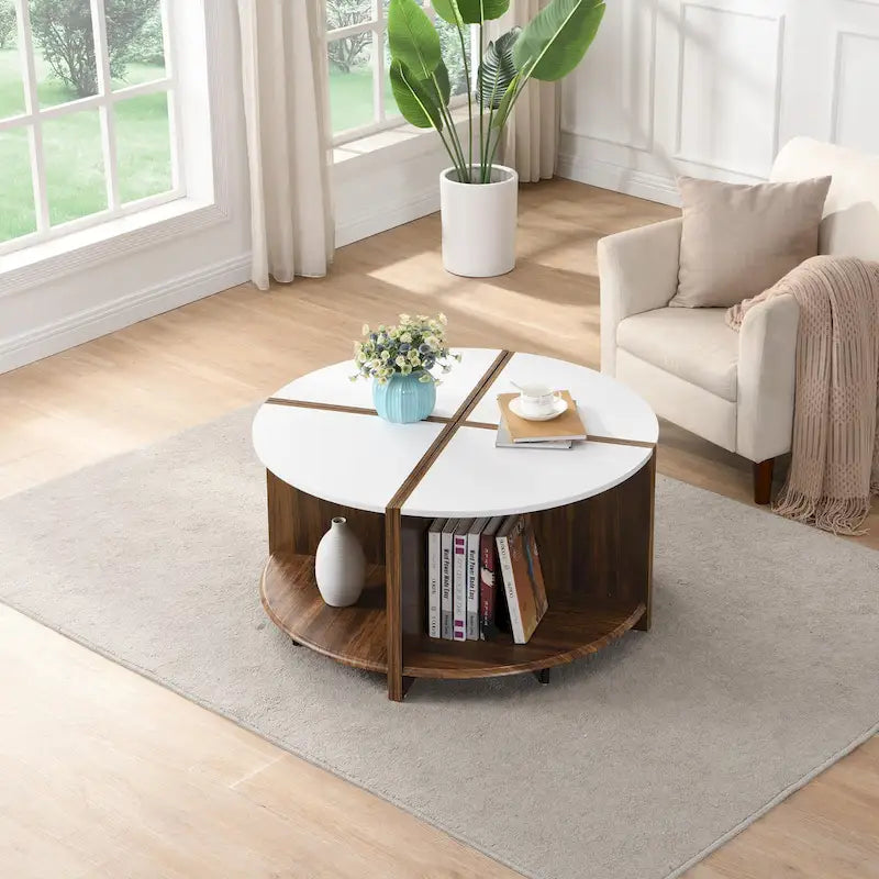Mason Industrial Round Coffee Table – 2-Tier Storage, Geometric Design, 36.61" Diameter