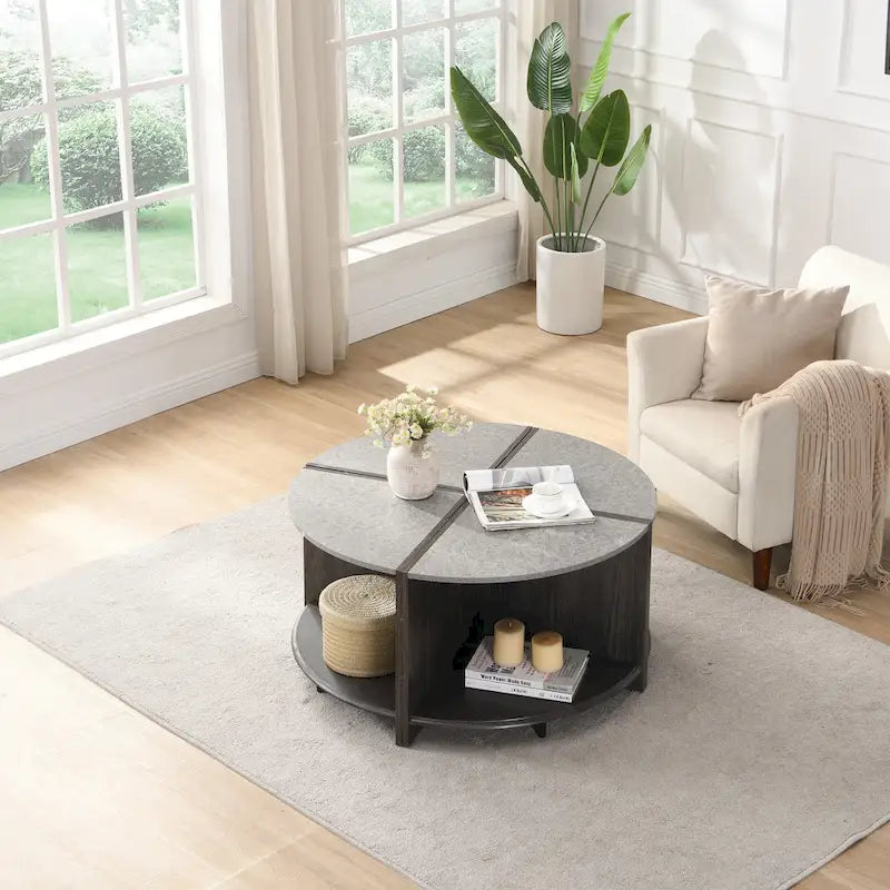 Mason Industrial Round Coffee Table – 2-Tier Storage, Geometric Design, 36.61" Diameter