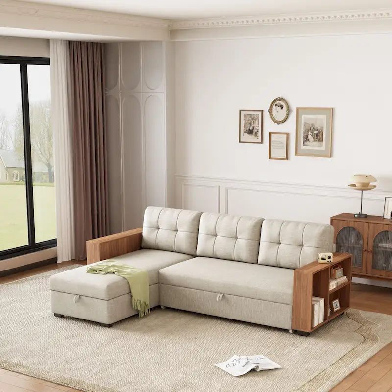 GDFStudio - Vinnas Convertible Sectional Sofa with Pull-Out Bed and Hidden Storage Chaise