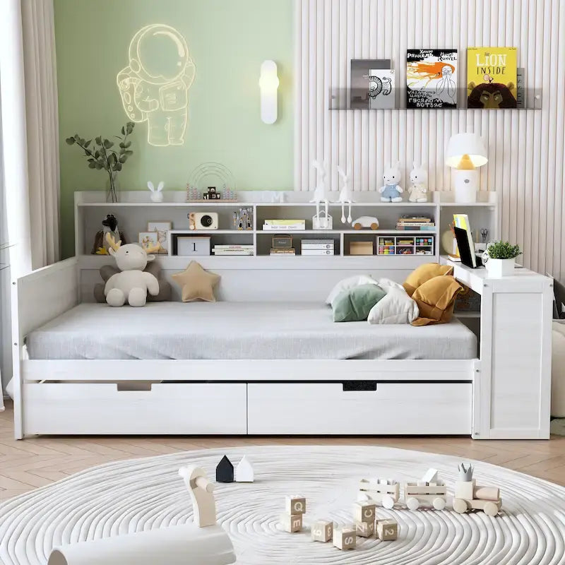 Wooden Full Size Daybed with Storage Shelves, Two Drawers & Study Desk,Antique White