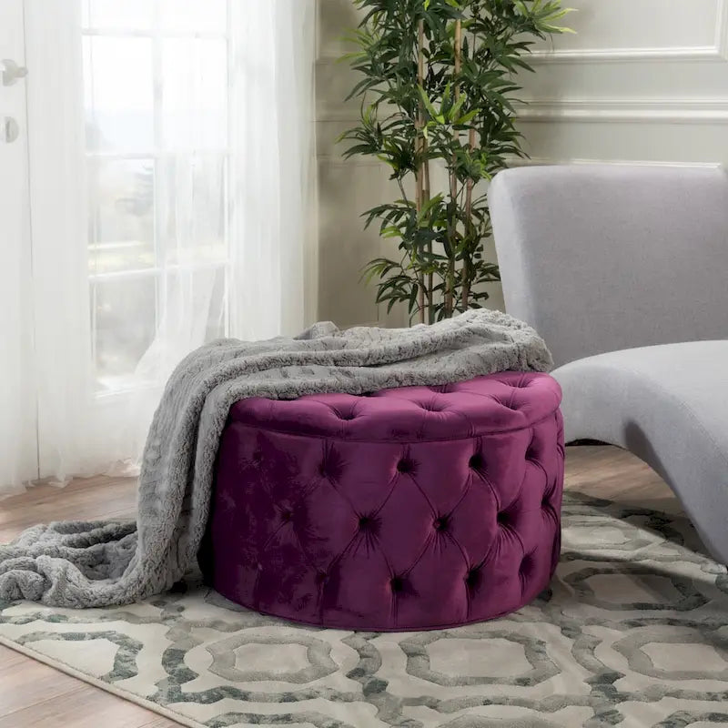 Zelfa Modern Glam Tufted Velvet Round Ottoman – Button-Tufted, 300 lb Capacity