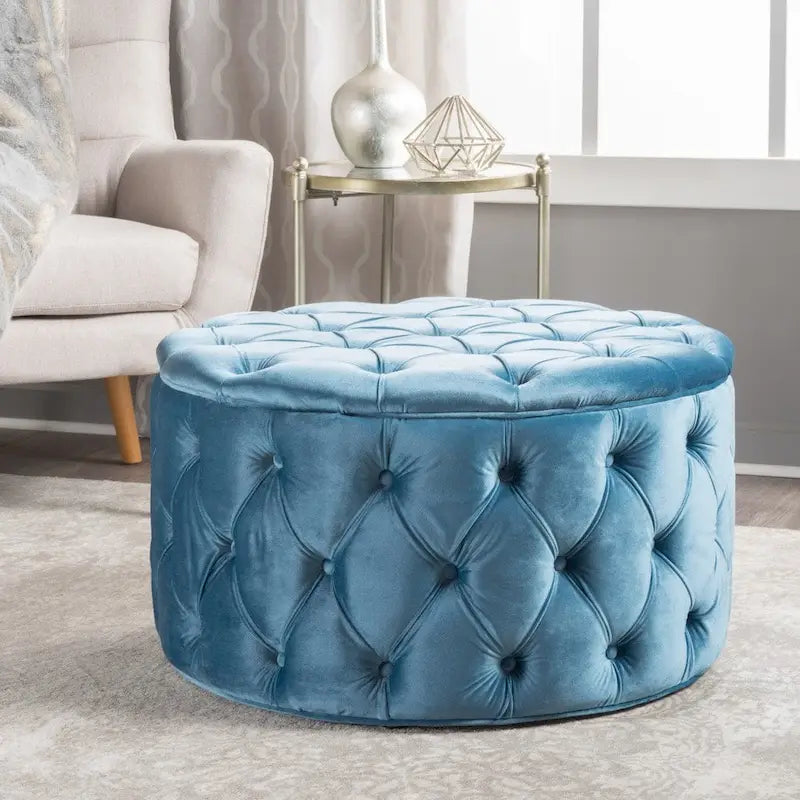 Zelfa Modern Glam Tufted Velvet Round Ottoman – Button-Tufted, 300 lb Capacity