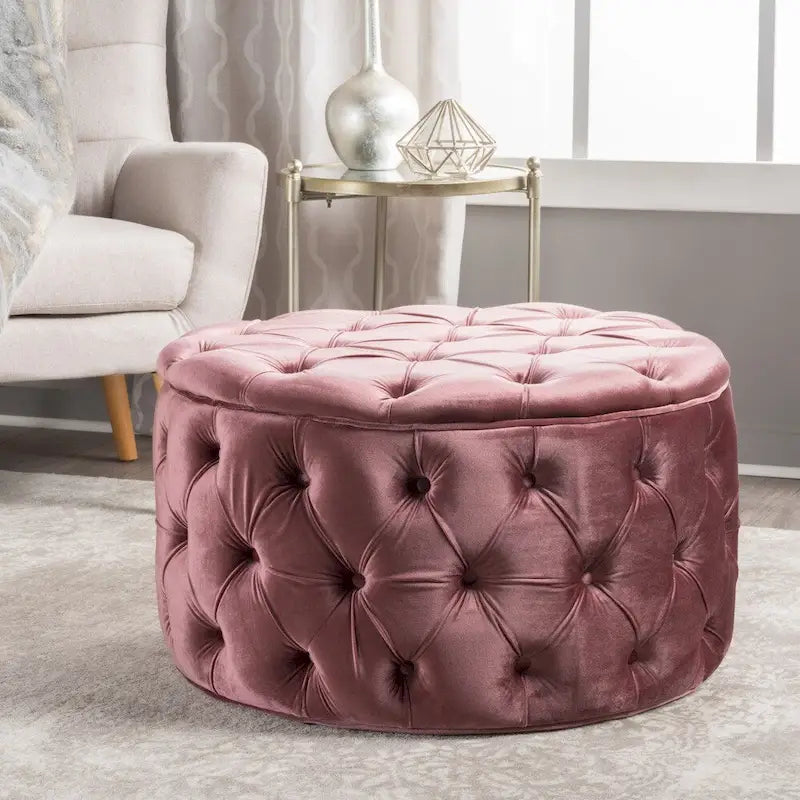 Zelfa Modern Glam Tufted Velvet Round Ottoman – Button-Tufted, 300 lb Capacity
