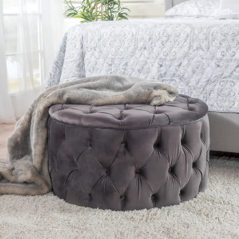 Zelfa Modern Glam Tufted Velvet Round Ottoman – Button-Tufted, 300 lb Capacity