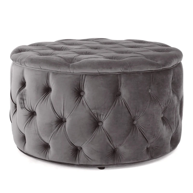Zelfa Modern Glam Tufted Velvet Round Ottoman – Button-Tufted, 300 lb Capacity