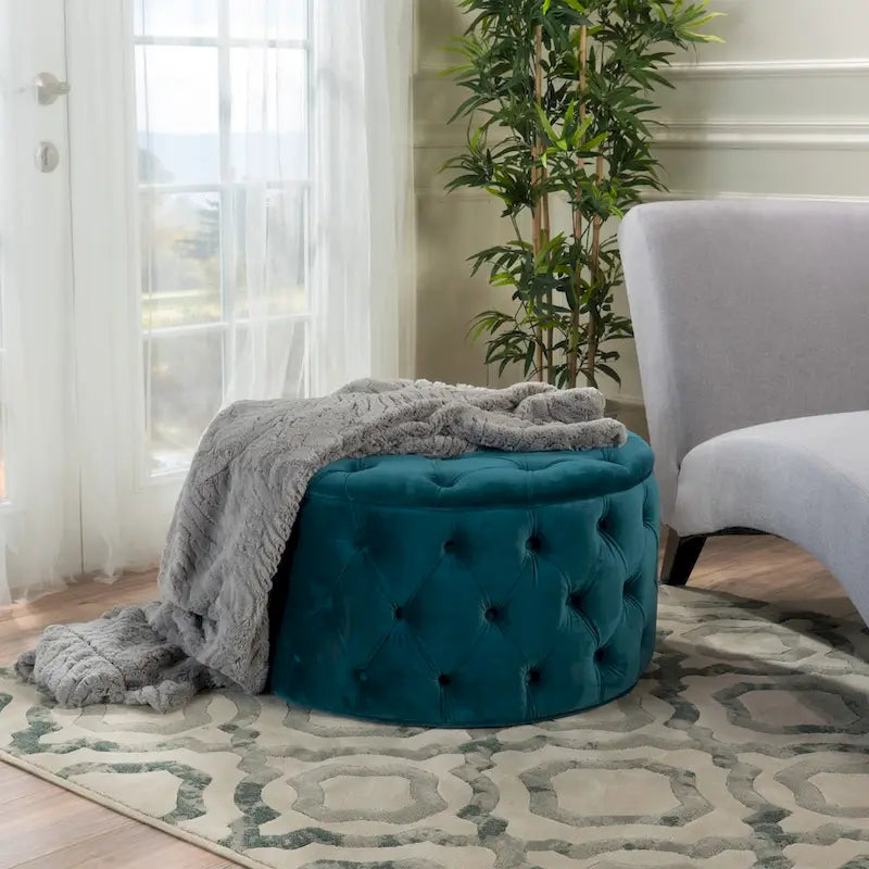 Zelfa Modern Glam Tufted Velvet Round Ottoman – Button-Tufted, 300 lb Capacity