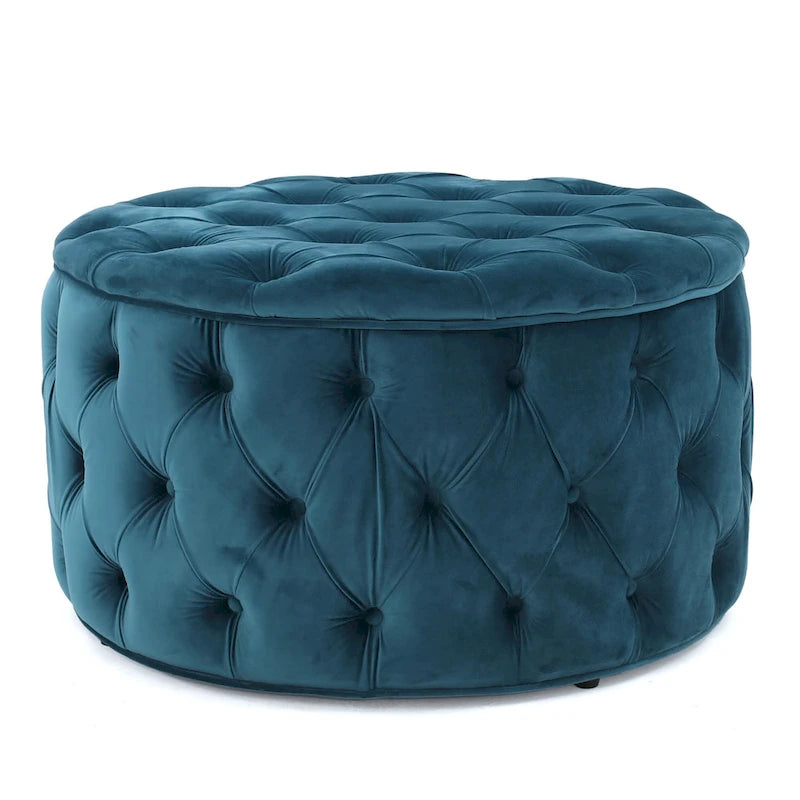 Zelfa Modern Glam Tufted Velvet Round Ottoman – Button-Tufted, 300 lb Capacity