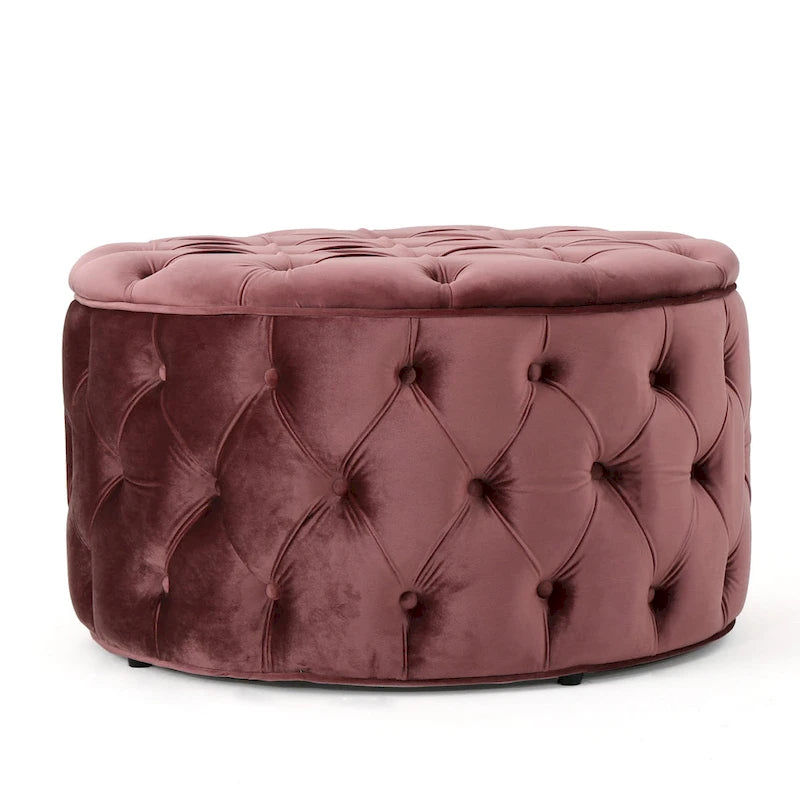 Zelfa Modern Glam Tufted Velvet Round Ottoman – Button-Tufted, 300 lb Capacity