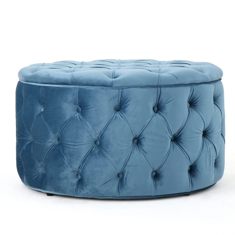 Zelfa Modern Glam Tufted Velvet Round Ottoman – Button-Tufted, 300 lb Capacity