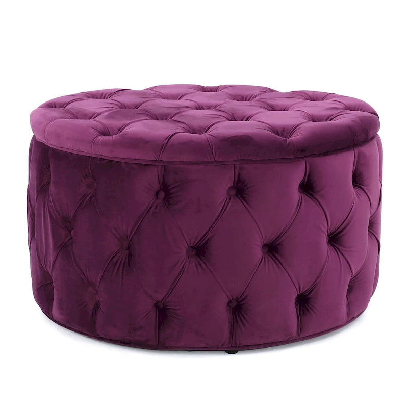 Zelfa Modern Glam Tufted Velvet Round Ottoman – Button-Tufted, 300 lb Capacity