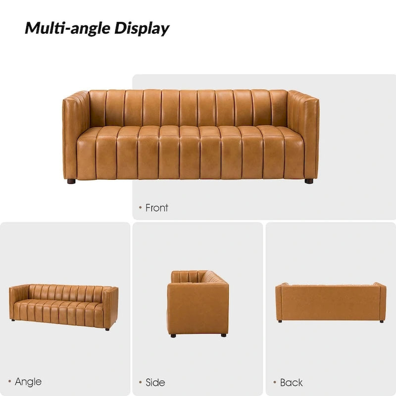 Olinto Modern Camel 83-Inch Genuine Leather Curved Couch with Channel Back by HULALA HOME