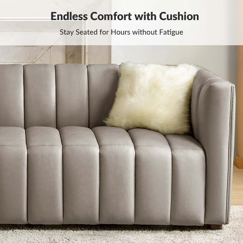 Olinto Modern Camel 83-Inch Genuine Leather Curved Couch with Channel Back by HULALA HOME
