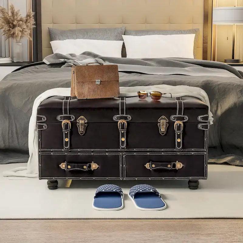 Vintage Storage Ottoman Bench – Chest Cabinet with Latch Closure & Buckle, Bedroom Organizer