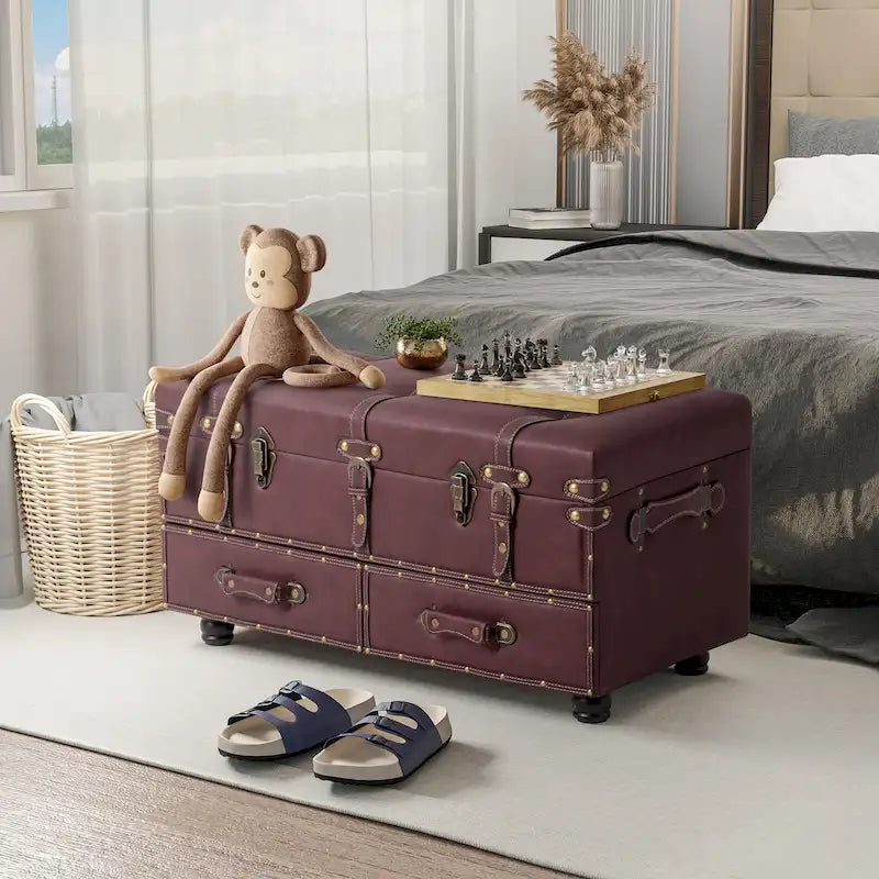 Vintage Storage Ottoman Bench – Chest Cabinet with Latch Closure & Buckle, Bedroom Organizer