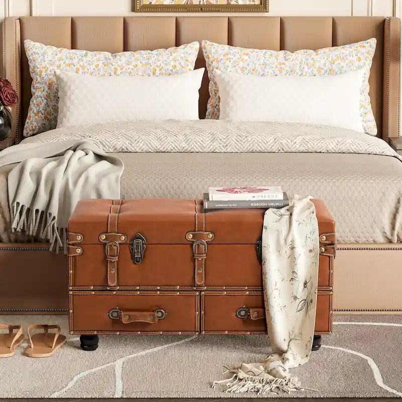 Vintage Storage Ottoman Bench – Chest Cabinet with Latch Closure & Buckle, Bedroom Organizer