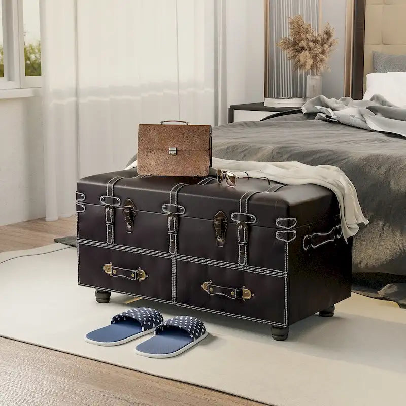 Vintage Storage Ottoman Bench – Chest Cabinet with Latch Closure & Buckle, Bedroom Organizer