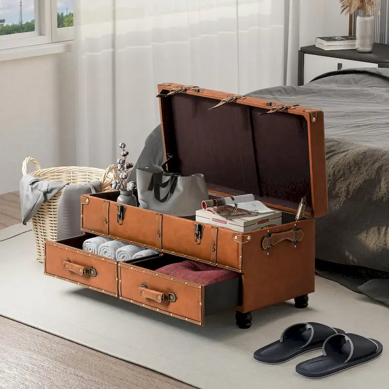 Vintage Storage Ottoman Bench – Chest Cabinet with Latch Closure & Buckle, Bedroom Organizer