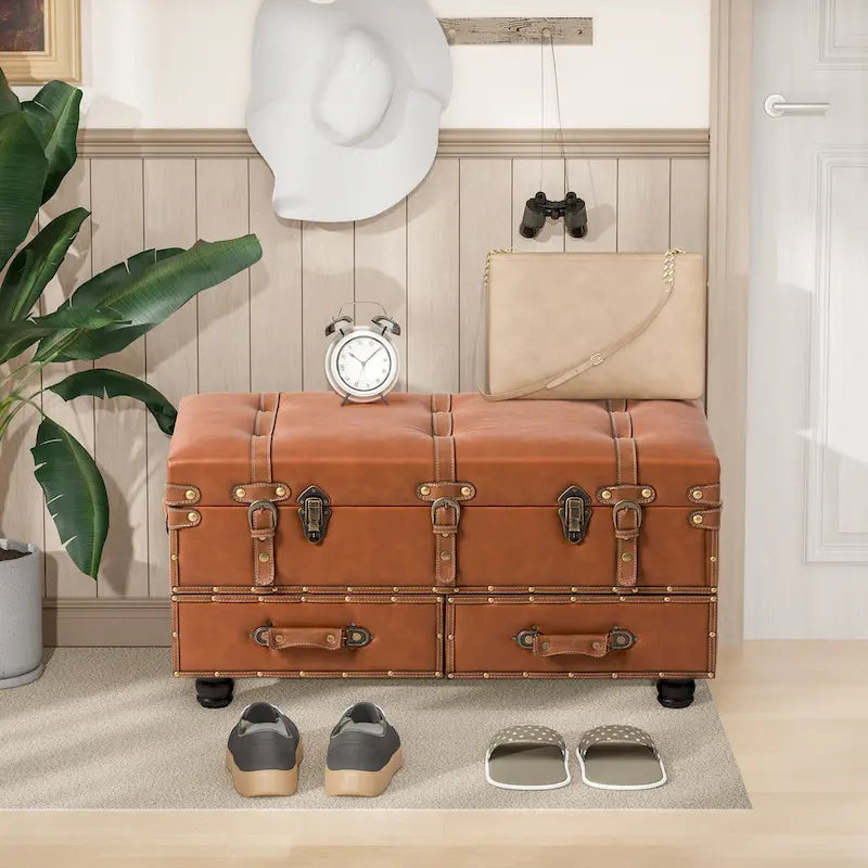 Vintage Storage Ottoman Bench – Chest Cabinet with Latch Closure & Buckle, Bedroom Organizer