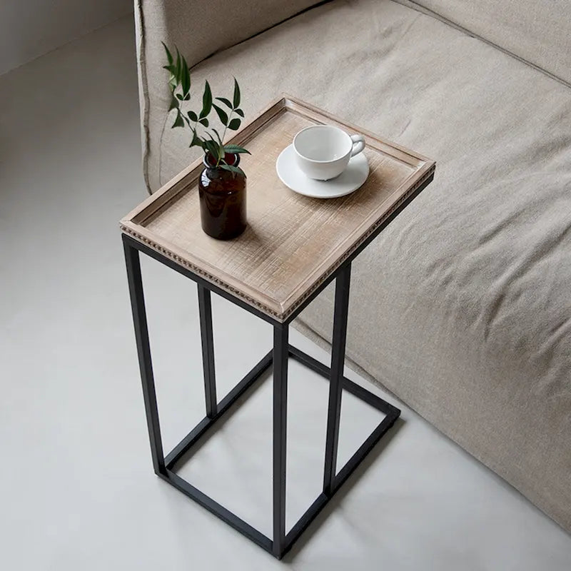 Farmhouse C-Shape End Table – Distressed Beaded Edge Tray Top Side Table