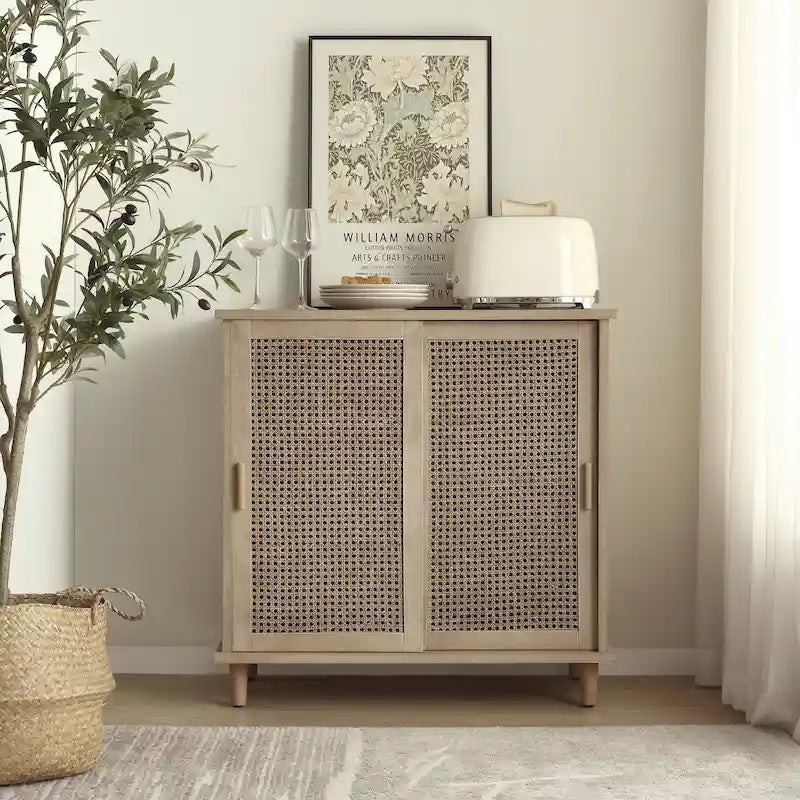 Woven Rattan Wicker Accent Cabinet – Boho Storage for Living Room or Entryway