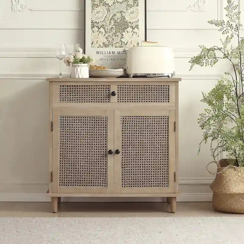Woven Rattan Wicker Accent Cabinet – Boho Storage for Living Room or Entryway