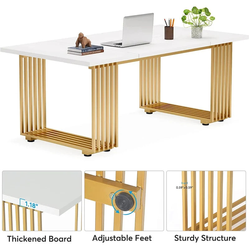 70.9 Modern Office Desk Wood Computer Desk, White Gold Executive Desk