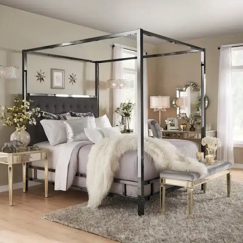 King-Size Metal Canopy Bed – Black Nickel Frame & Button-Tufted Upholstered Headboard