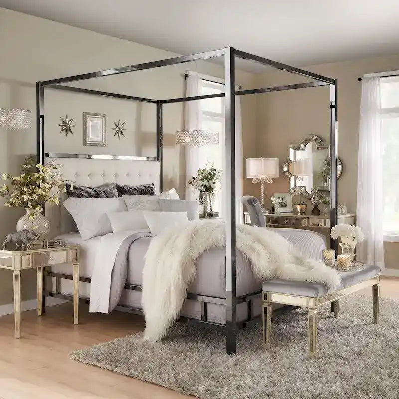 King-Size Metal Canopy Bed – Black Nickel Frame & Button-Tufted Upholstered Headboard
