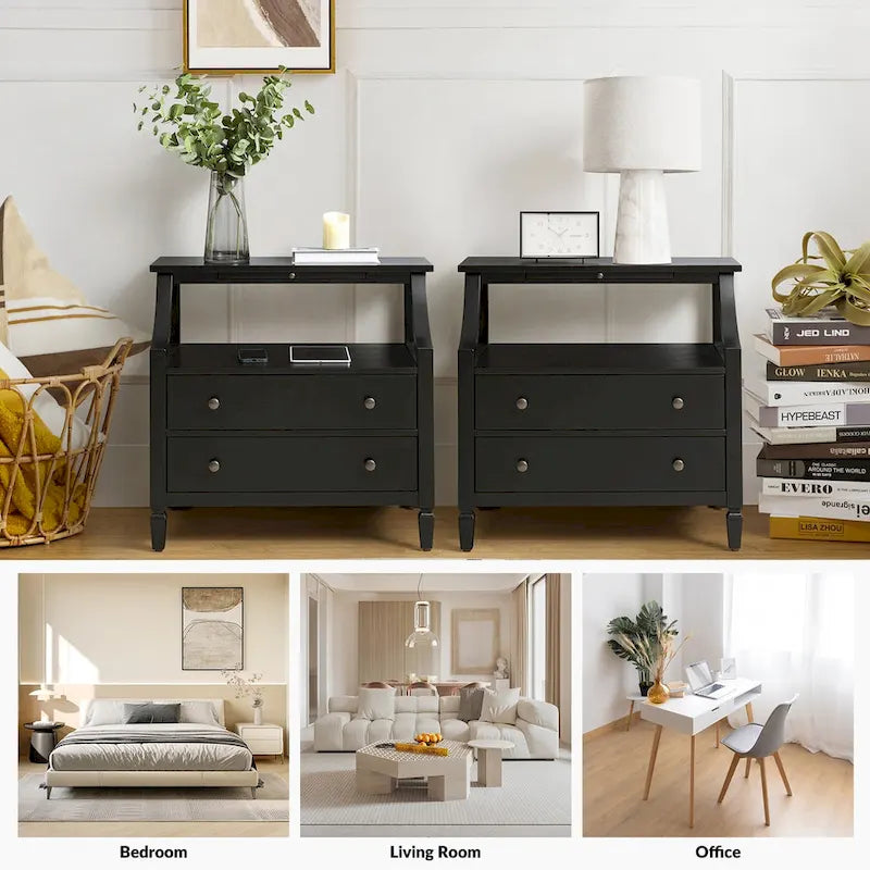 Jennifer 2 - Drawer Nightstand with Built-In Outlets and Pull-out Tray Set of 2 by HULALA HOME