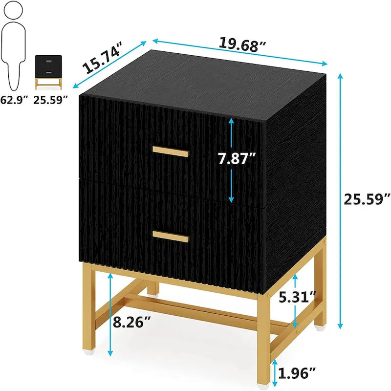 2-Drawer Nightstand, Modern Black and Gold Bedside Table for Bedroom