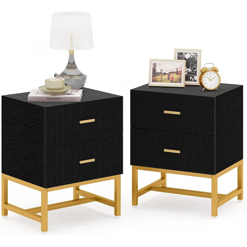 2-Drawer Nightstand, Modern Black and Gold Bedside Table for Bedroom