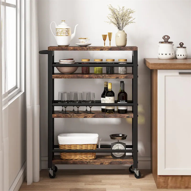 Brown Narrow Rolling Kitchen Storage Cart with Wheels, 4 Tiers Slim Serving Trolley Utility Carts with Handle for Small Space