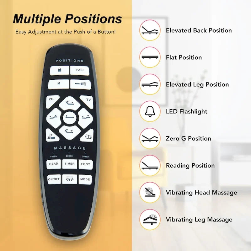 CO-Z Massaging Zero Gravity Adjustable Bed with Wireless Remote and Underbed Lighting