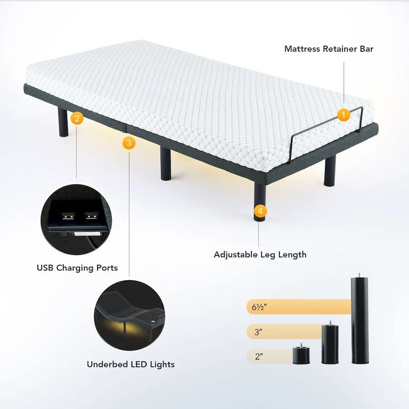 CO-Z Massaging Zero Gravity Adjustable Bed with Wireless Remote and Underbed Lighting