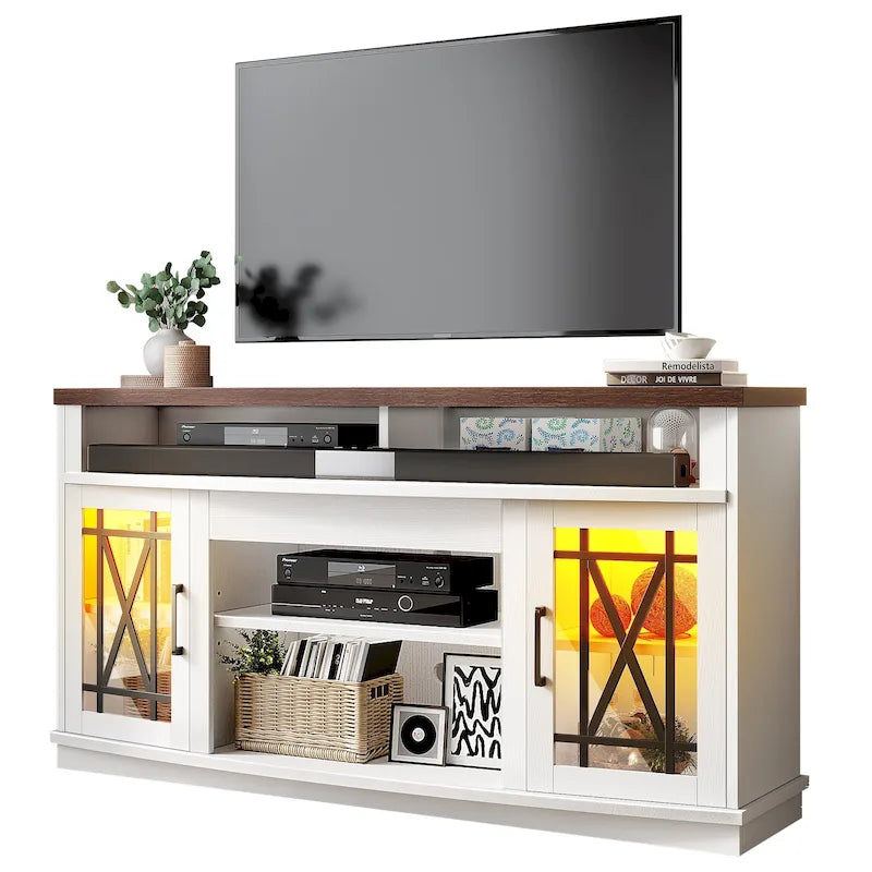 59-inch Highboy TV Stand with 2 Doors & LED Lights – Fits TVs Up to 70 Inches