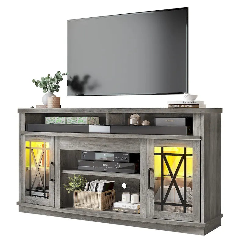 59-inch Highboy TV Stand with 2 Doors & LED Lights – Fits TVs Up to 70 Inches
