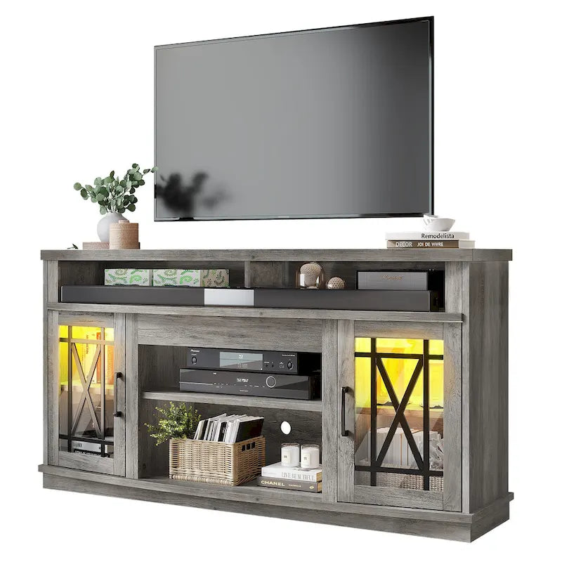 Moasis 59-inch Highboy 2-Door LED Lights TV Stand for TVs up to 70 Inches