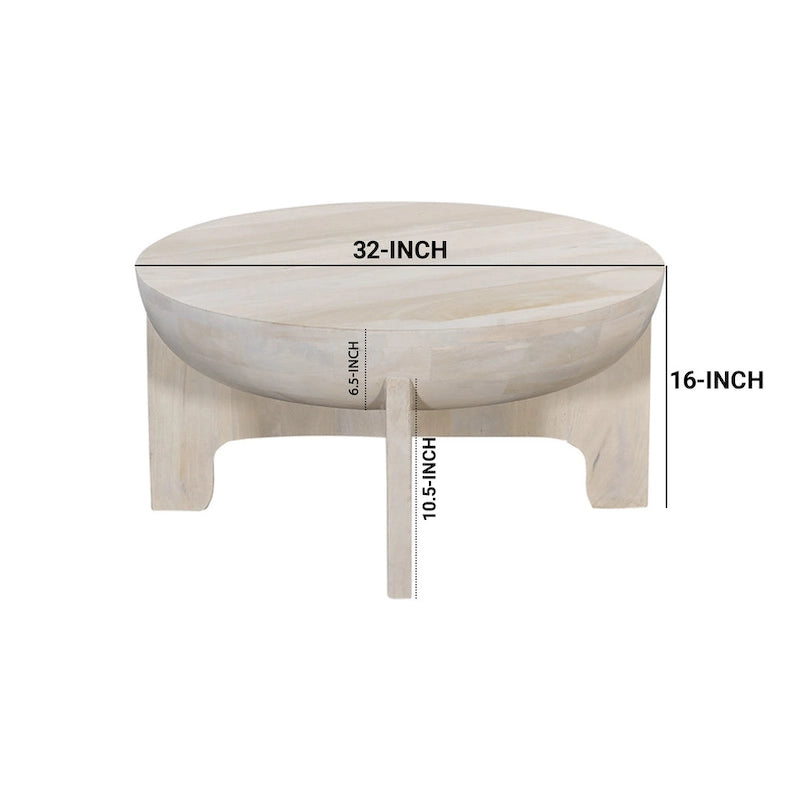 Tomas 32 Inch Coffee Table, Mango Wood Drum Top, Classic Washed White