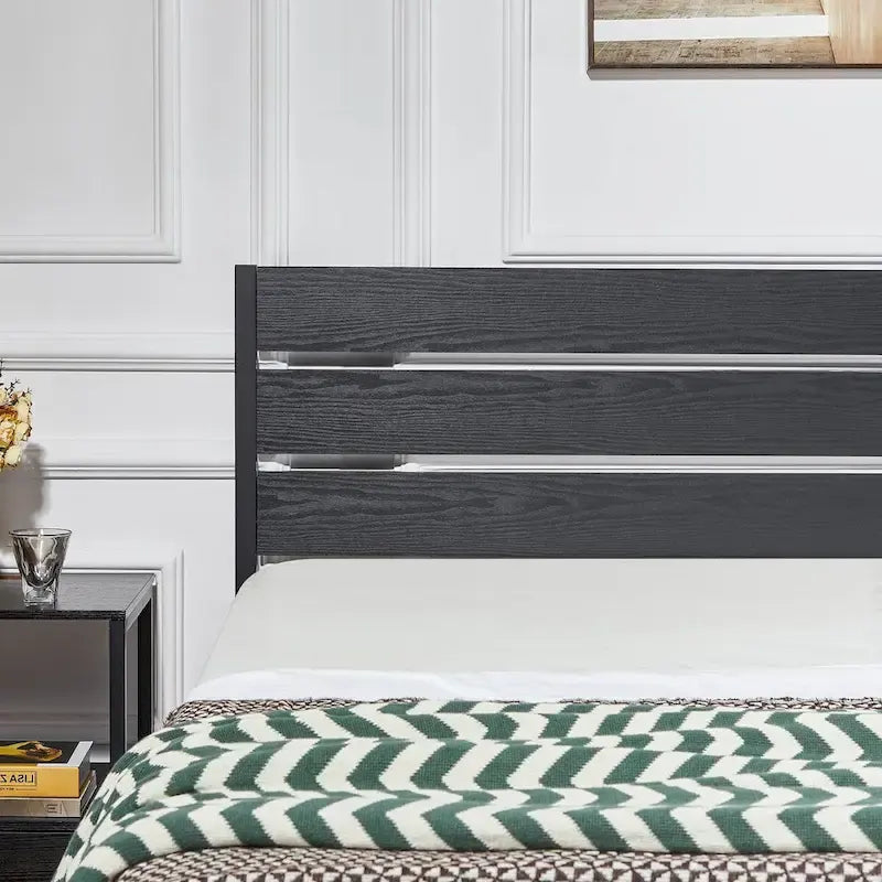 Javlergo Platform Bed Frame with Wood Headboard, Strong Metal Slats Support/No Box Spring Needed, Black