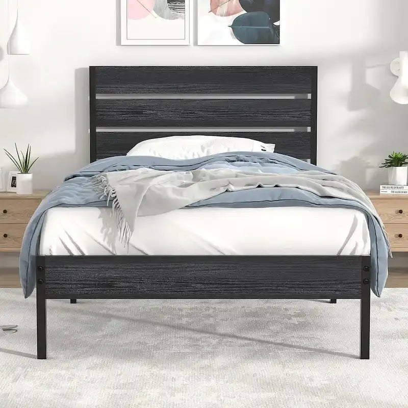 Javlergo Platform Bed Frame with Wood Headboard, Strong Metal Slats Support/No Box Spring Needed, Black