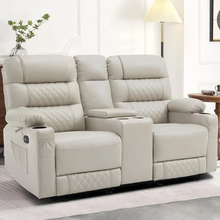 Electric Power Loveseat Recliner – Heat & Vibration, USB Ports, Cup Holders, Console