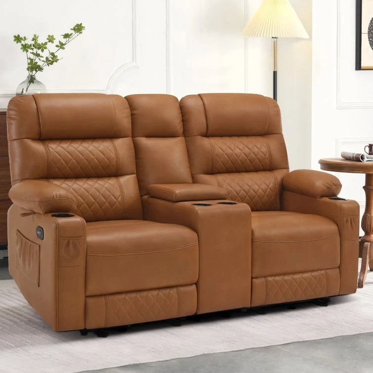 Electric Power Loveseat Recliner – Heat & Vibration, USB Ports, Cup Holders, Console