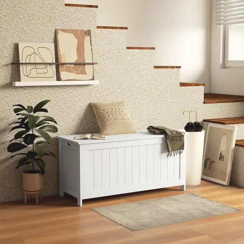 Wooden Storage Chest with 2 Safety Hinges & Cut-Out Handles – Modern Trunk for Living Room