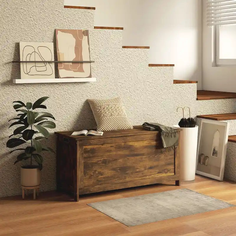HOMCOM Storage Chest, Wooden Box with 2 Safety Hinges and Cut-out Handles, Modern Storage Trunk for Living Room, Entryway