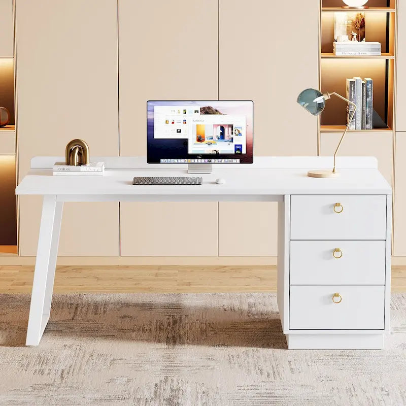 White Computer Desk with Drawers, 55 Inches Modern Study Writing Table for Home Office