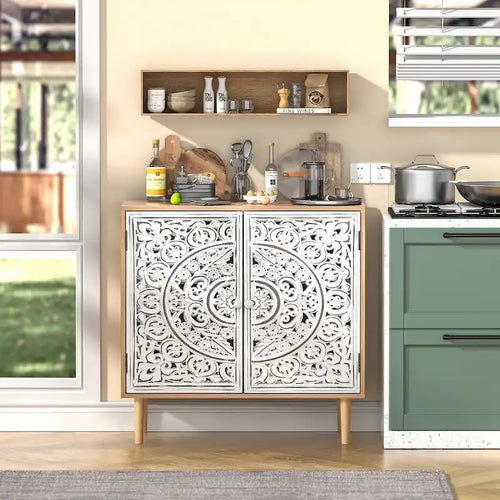 2-Door Hollow-Carved Wood Sideboard Storage Cabinet – 31.5"W x 13.78"D x 30.71"H